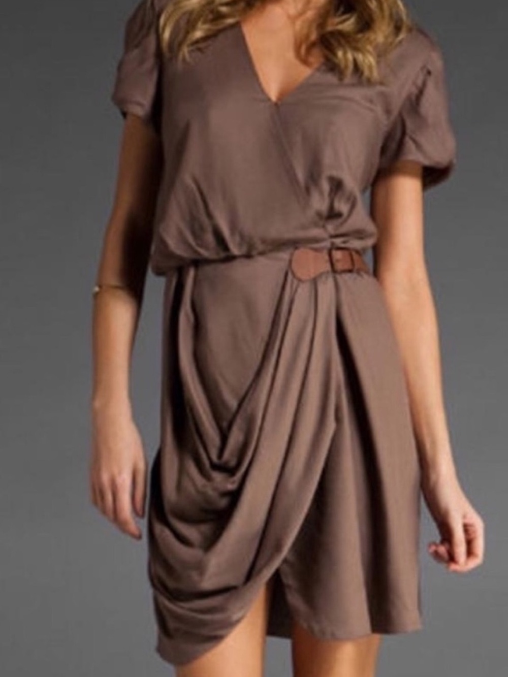 Tibi NY Angel Draped V-Neck Mini  Short Sleeve Wrap Dress in Taupe Brown size 2